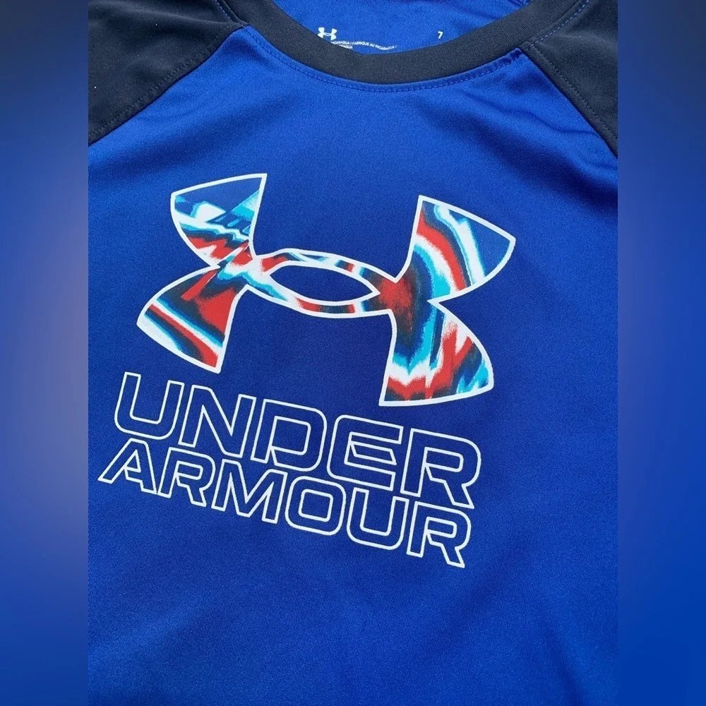 Under Armour Size 7 Blue Tie Dye Logo Tee